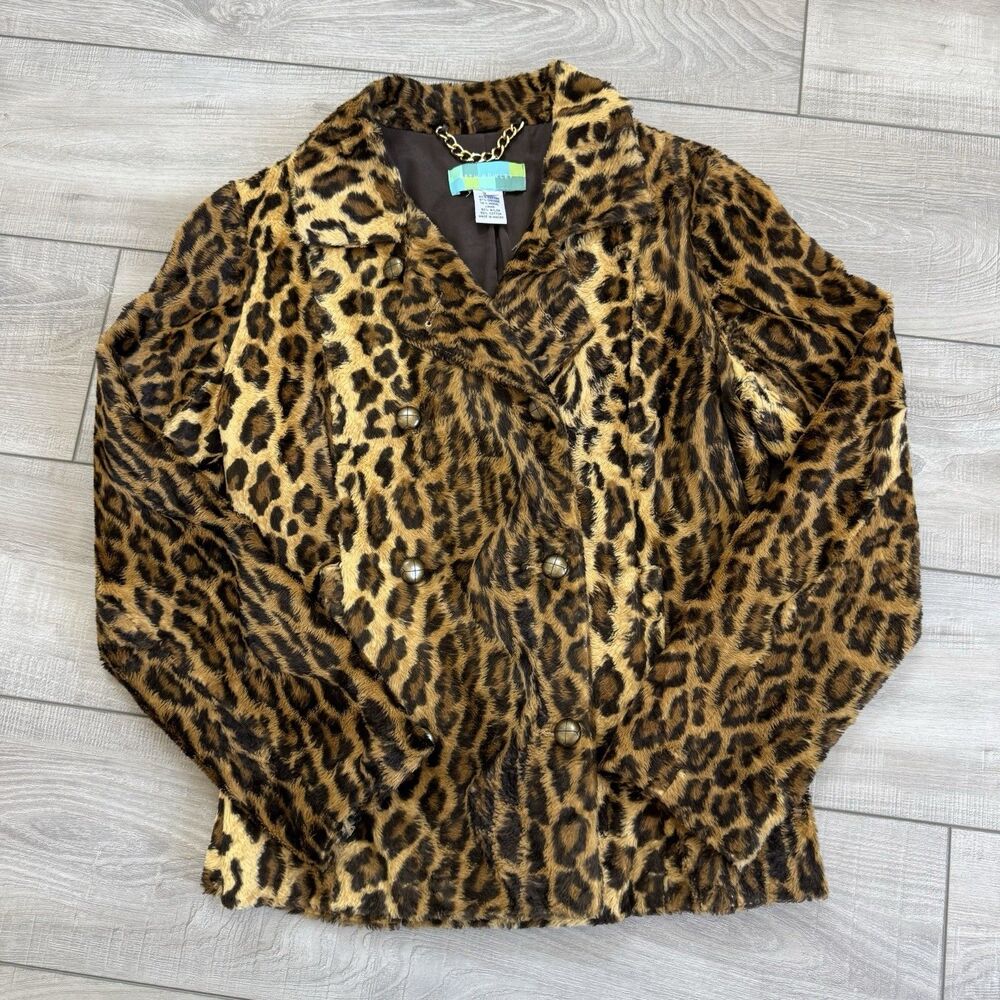 Beth Bowley Leopard Print Faux Fur Double Breasted Jacket, Martingale Belt, sz.4